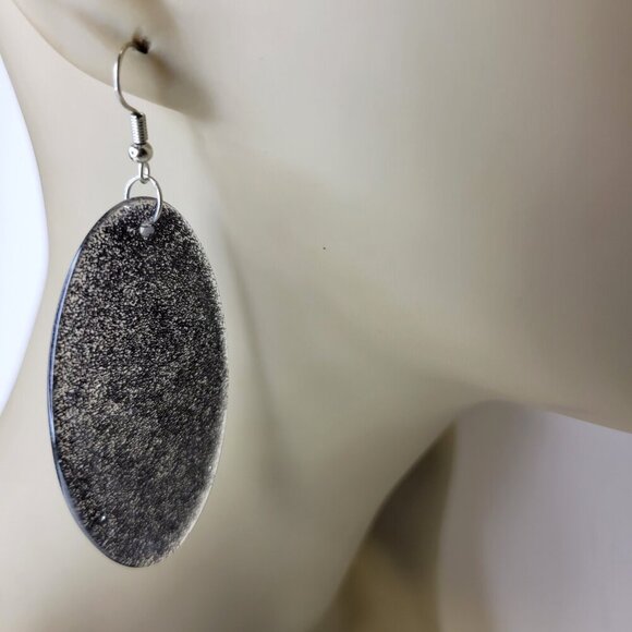 Black Glitter Earrings Oval Dangle Sparkly Earrings Light Black Earrings - Picture 2 of 7